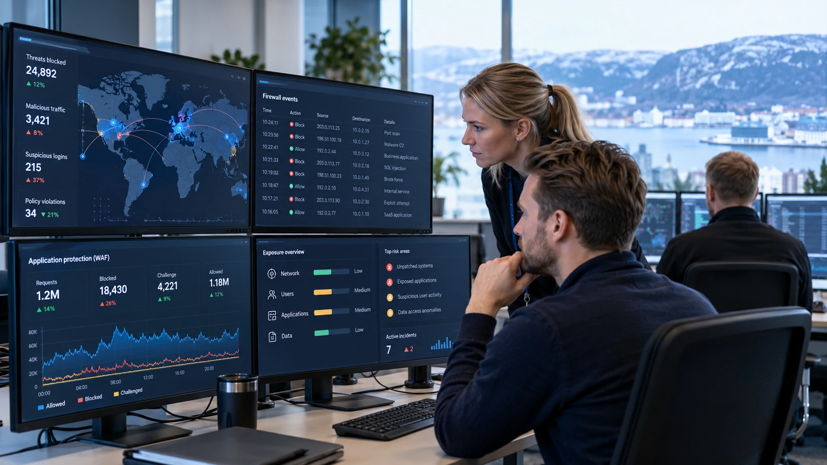 Security analyst reviewing technical information on multiple monitors